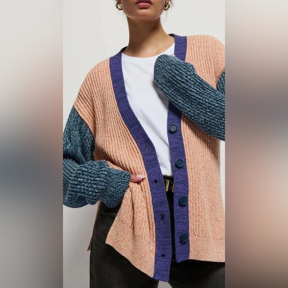 Nation LTD Sadie Colorblock Pheasant Marled Cotton Cardigan Sweater Small NEW